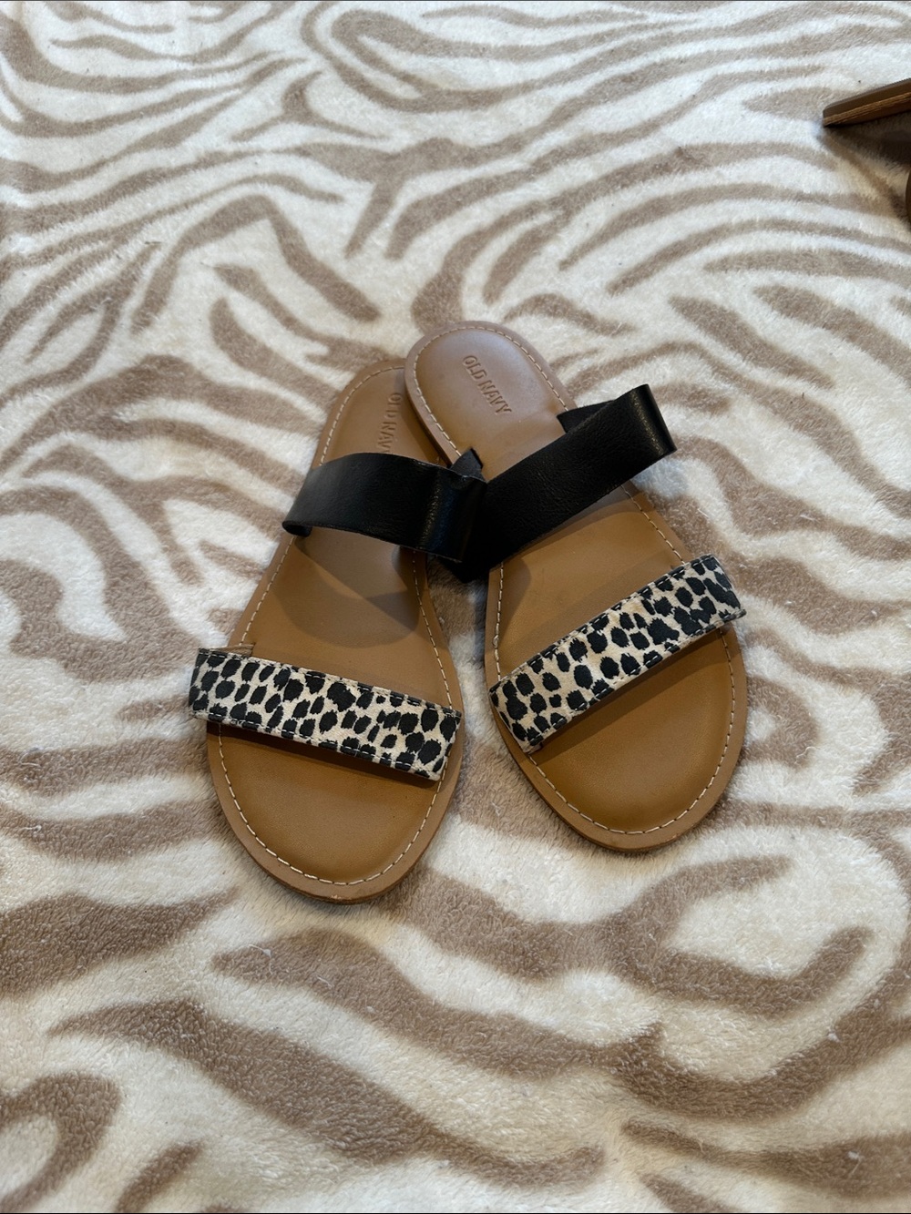 Old Navy Black and Tan Slide Sandals with Leopard-Print Strap